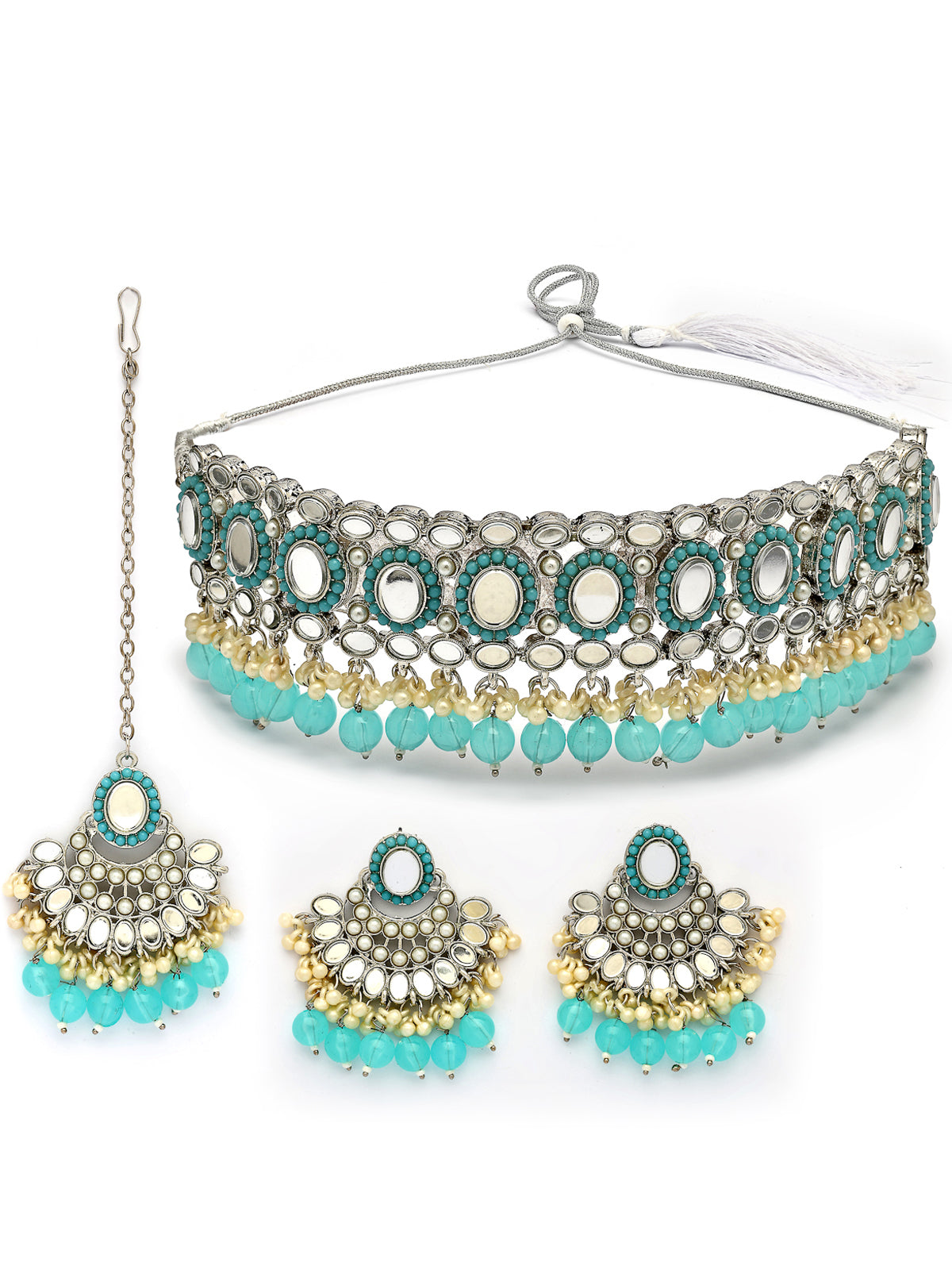 Sukkhi Traditional Rhodium Plated with AD Beads Choker Necklace Set Earring and Maangtikka Jewellery Set for Women|NS107522