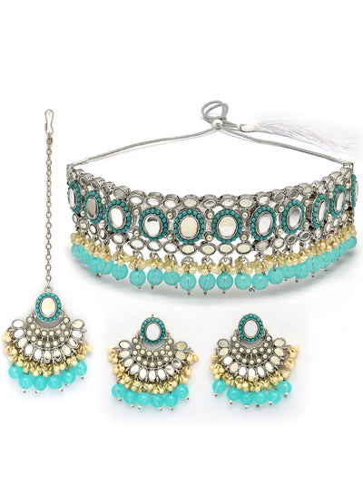 Sukkhi Traditional Rhodium Plated with AD Beads Choker Necklace Set Earring and Maangtikka Jewellery Set for Women|NS107522