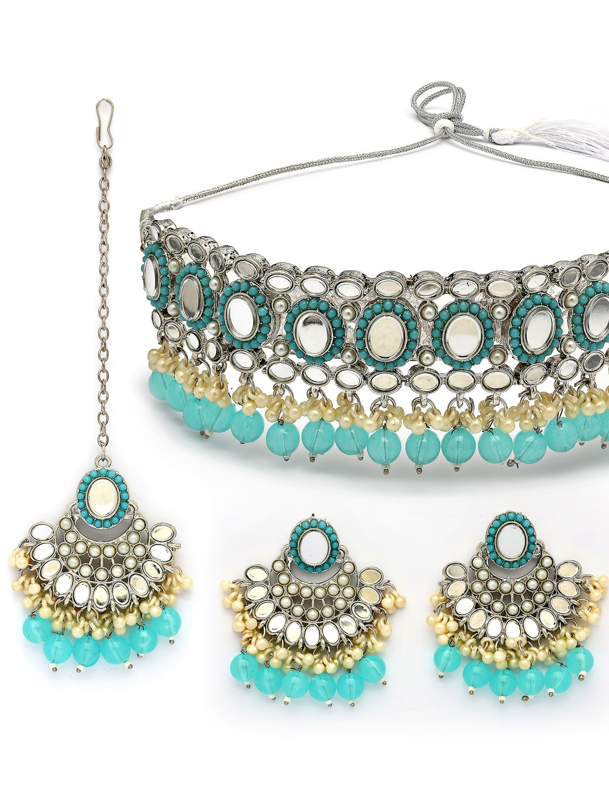 Sukkhi Traditional Rhodium Plated with AD Beads Choker Necklace Set Earring and Maangtikka Jewellery Set for Women|NS107522