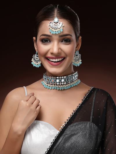 Sukkhi Traditional Rhodium Plated with AD Beads Choker Necklace Set Earring and Maangtikka Jewellery Set for Women|NS107522