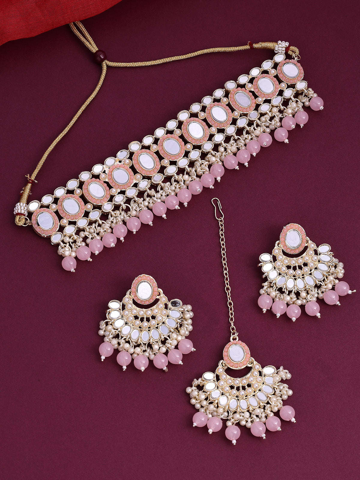 Sukkhi Pretty Gold Plated with AD Beads Choker Necklace Set Earring and Maangtikka Jewellery Set for Women|NS107523