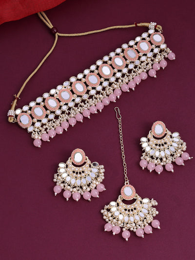 Sukkhi Pretty Gold Plated with AD Beads Choker Necklace Set Earring and Maangtikka Jewellery Set for Women|NS107523