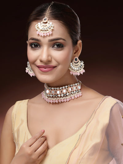 Sukkhi Pretty Gold Plated with AD Beads Choker Necklace Set Earring and Maangtikka Jewellery Set for Women|NS107523