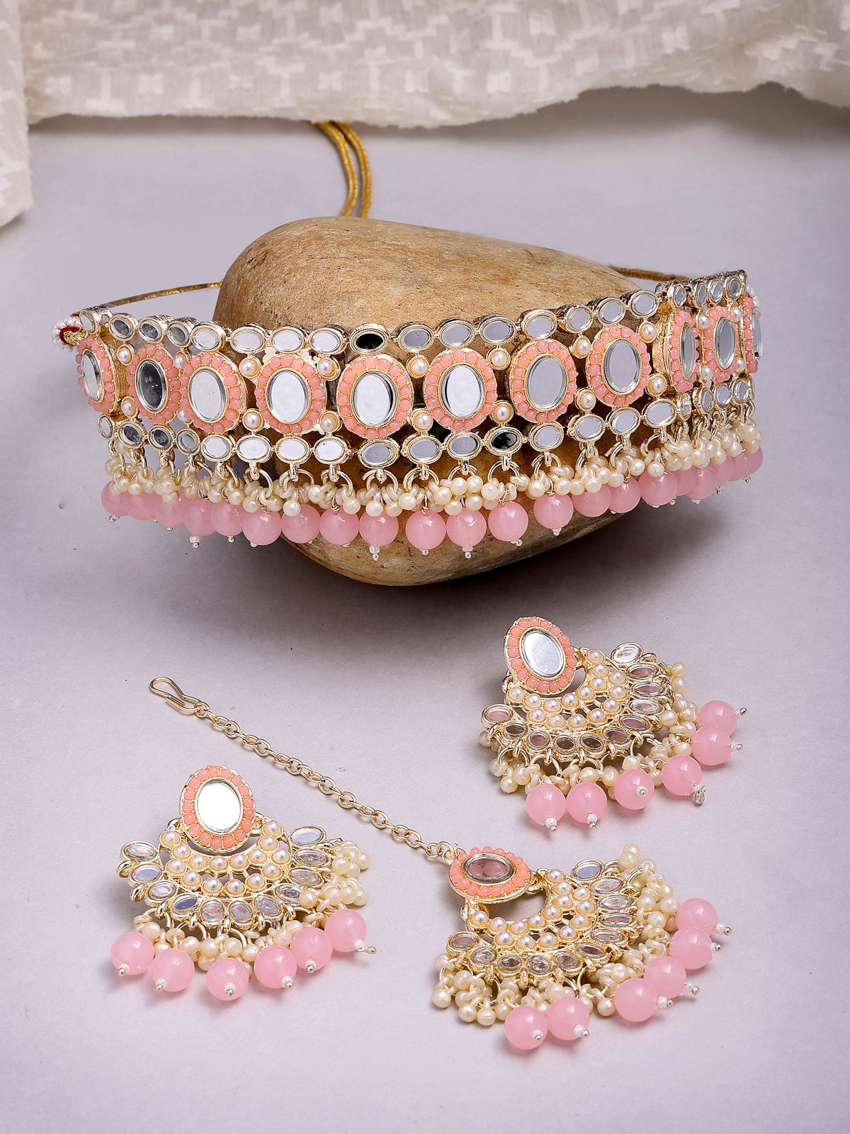 Sukkhi Pretty Gold Plated with AD Beads Choker Necklace Set Earring and Maangtikka Jewellery Set for Women|NS107523