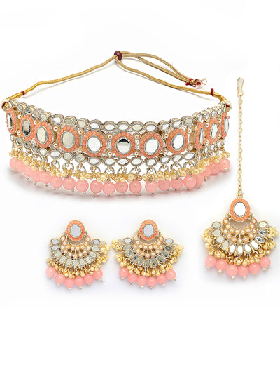 Sukkhi Pretty Gold Plated with AD Beads Choker Necklace Set Earring and Maangtikka Jewellery Set for Women|NS107523