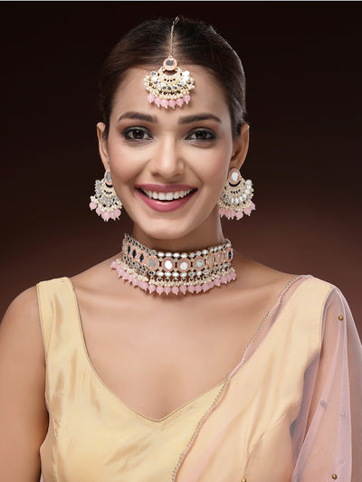 Sukkhi Pretty Gold Plated with AD Beads Choker Necklace Set Earring and Maangtikka Jewellery Set for Women|NS107523