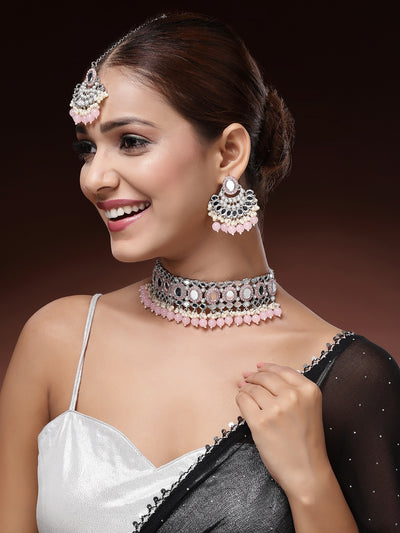 Sukkhi Unique Rhodium Plated with AD Beads Choker Necklace Set Earring and Maangtikka Jewellery Set for Women|NS107524