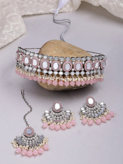 Sukkhi Unique Rhodium Plated with AD Beads Choker Necklace Set Earring and Maangtikka Jewellery Set for Women|NS107524