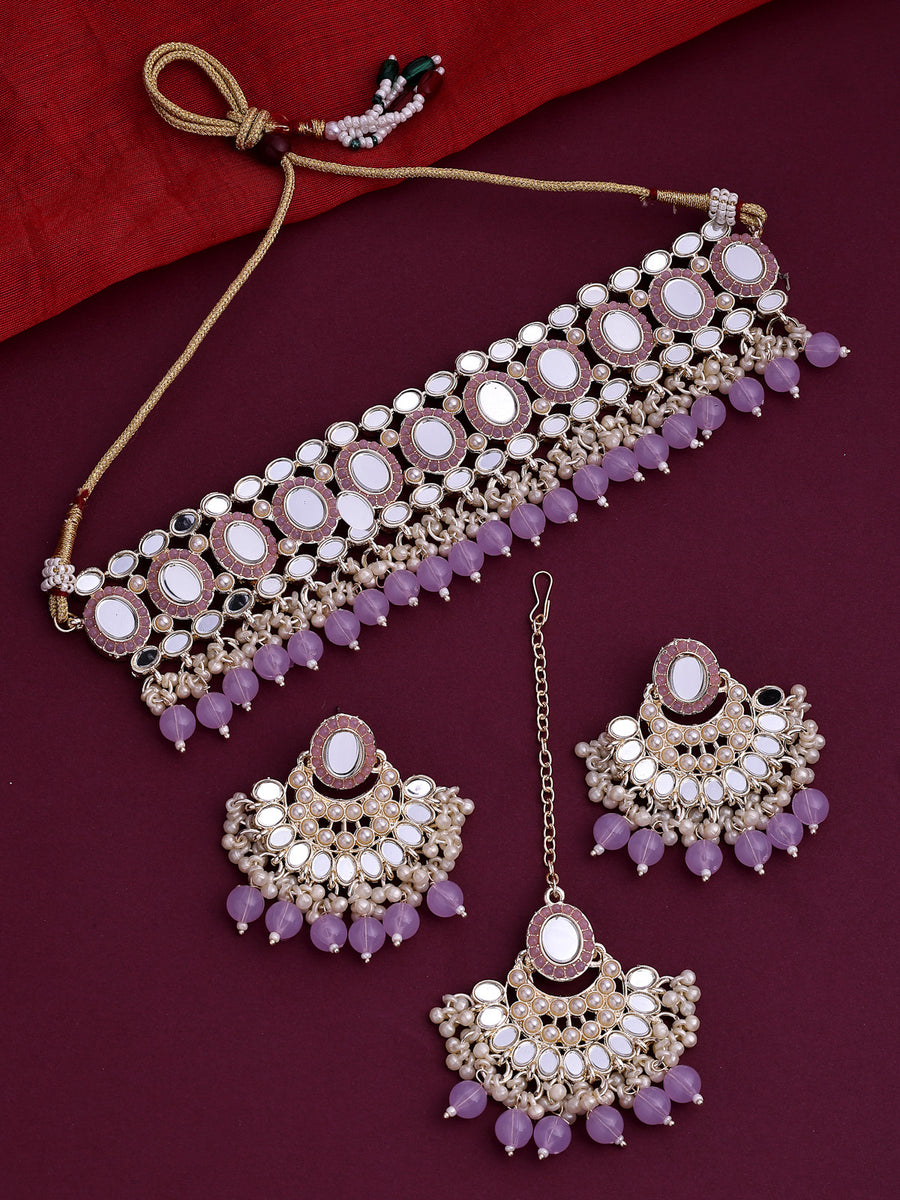 Sukkhi Classic Gold Plated with AD Beads Choker Necklace Set Earring and Maangtikka Jewellery Set for Women|NS107525