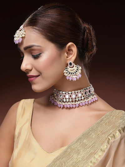 Sukkhi Classic Gold Plated with AD Beads Choker Necklace Set Earring and Maangtikka Jewellery Set for Women|NS107525