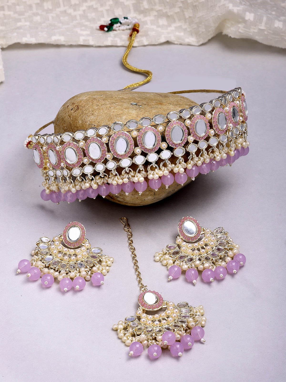 Sukkhi Classic Gold Plated with AD Beads Choker Necklace Set Earring and Maangtikka Jewellery Set for Women|NS107525