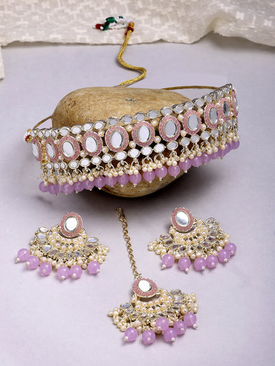 Sukkhi Classic Gold Plated with AD Beads Choker Necklace Set Earring and Maangtikka Jewellery Set for Women|NS107525