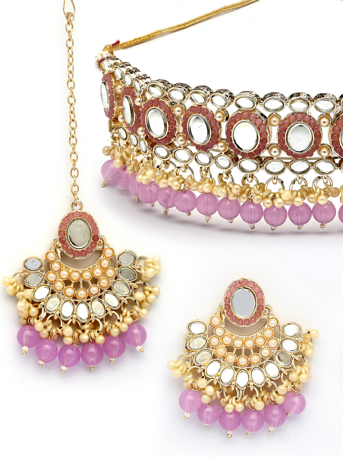 Sukkhi Classic Gold Plated with AD Beads Choker Necklace Set Earring and Maangtikka Jewellery Set for Women|NS107525