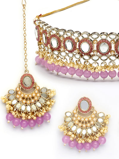 Sukkhi Classic Gold Plated with AD Beads Choker Necklace Set Earring and Maangtikka Jewellery Set for Women|NS107525