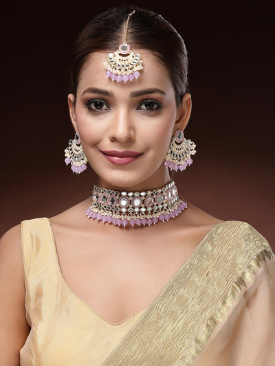 Sukkhi Classic Gold Plated with AD Beads Choker Necklace Set Earring and Maangtikka Jewellery Set for Women|NS107525