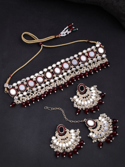 Sukkhi Creative Gold Plated with AD Beads Choker Necklace Set Earring and Maangtikka Jewellery Set for Women|NS107526