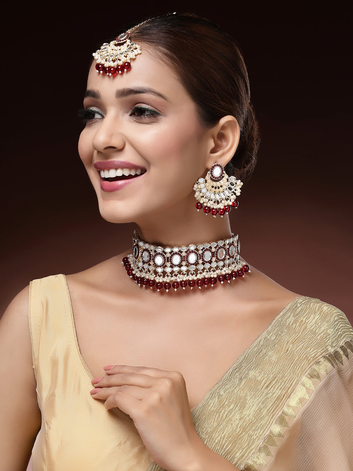 Sukkhi Creative Gold Plated with AD Beads Choker Necklace Set Earring and Maangtikka Jewellery Set for Women|NS107526