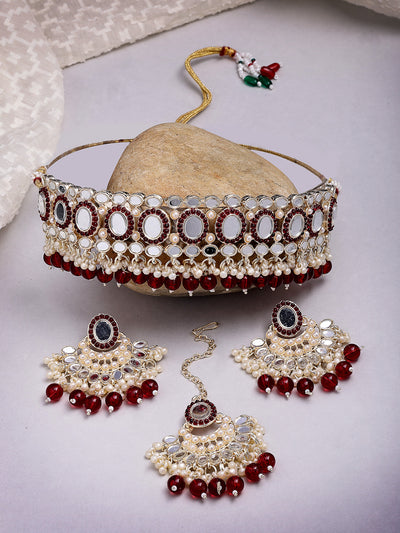 Sukkhi Creative Gold Plated with AD Beads Choker Necklace Set Earring and Maangtikka Jewellery Set for Women|NS107526