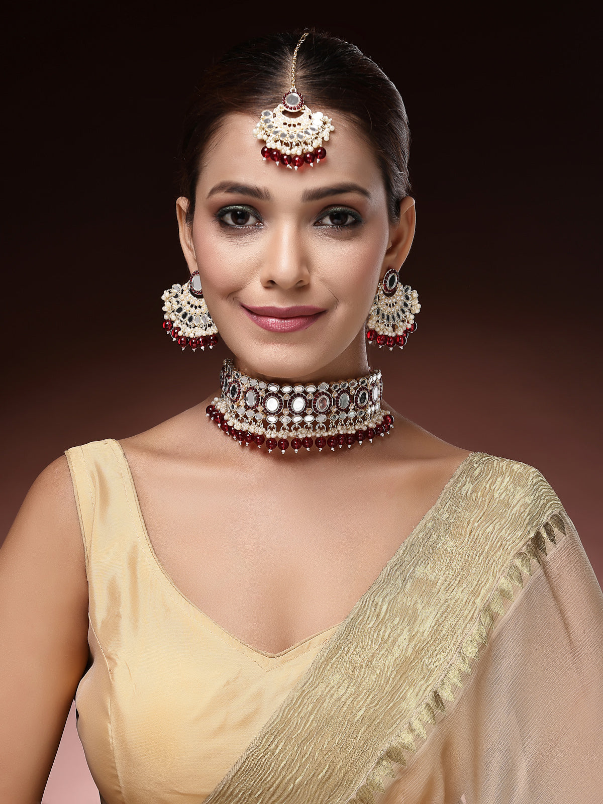 Sukkhi Creative Gold Plated with AD Beads Choker Necklace Set Earring and Maangtikka Jewellery Set for Women|NS107526