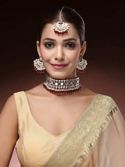 Sukkhi Creative Gold Plated with AD Beads Choker Necklace Set Earring and Maangtikka Jewellery Set for Women|NS107526