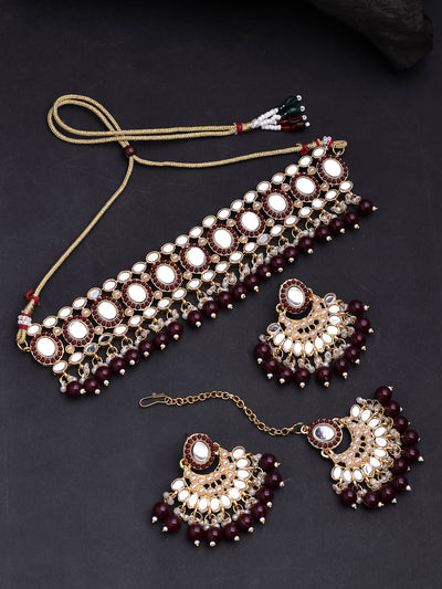 Sukkhi Stylish Gold Plated with AD Beads Choker Necklace Set Earring and Maangtikka Jewellery Set for Women|NS107527