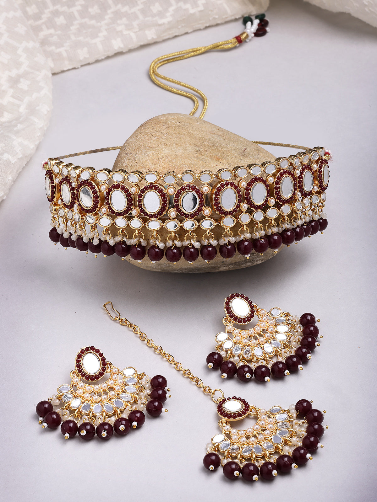 Sukkhi Stylish Gold Plated with AD Beads Choker Necklace Set Earring and Maangtikka Jewellery Set for Women|NS107527