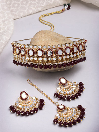 Sukkhi Stylish Gold Plated with AD Beads Choker Necklace Set Earring and Maangtikka Jewellery Set for Women|NS107527