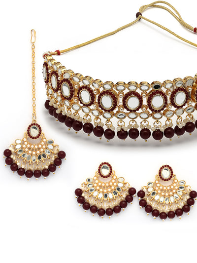 Sukkhi Stylish Gold Plated with AD Beads Choker Necklace Set Earring and Maangtikka Jewellery Set for Women|NS107527