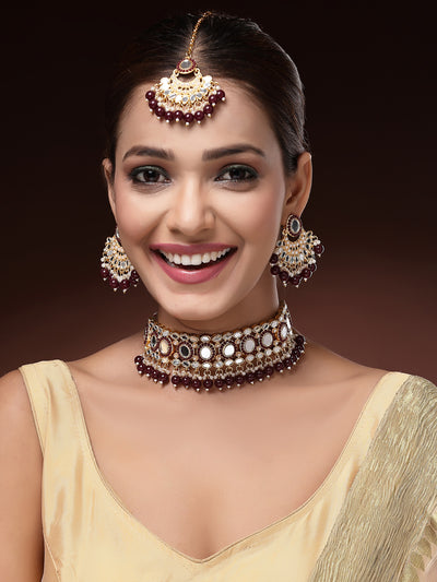 Sukkhi Stylish Gold Plated with AD Beads Choker Necklace Set Earring and Maangtikka Jewellery Set for Women|NS107527