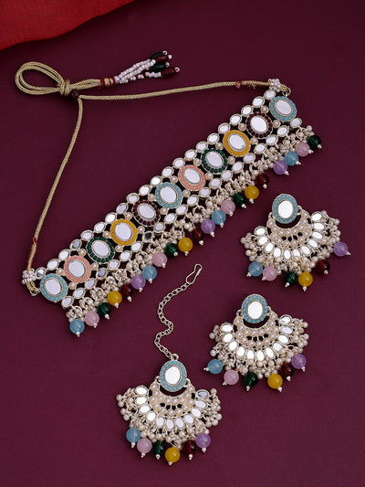 Sukkhi Excellent Gold Plated with AD Beads Choker Necklace Set Earring and Maangtikka Jewellery Set for Women|NS107528