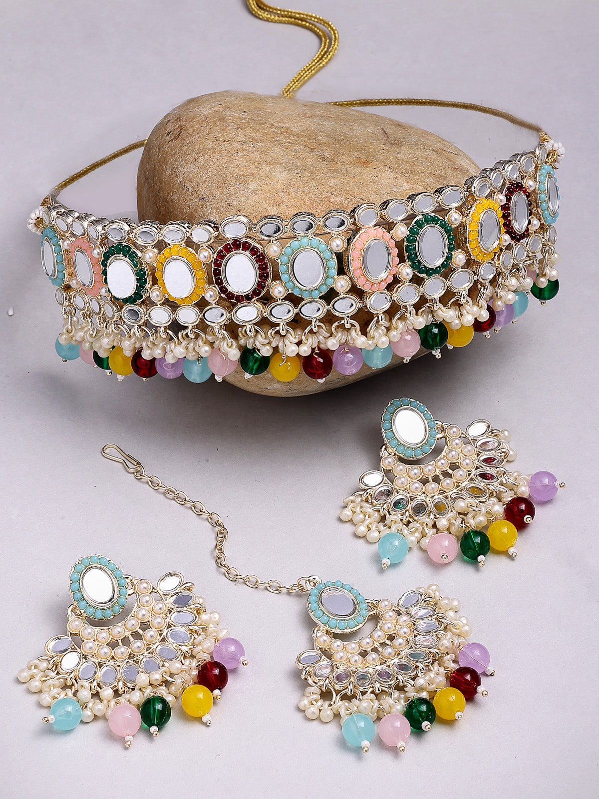 Sukkhi Excellent Gold Plated with AD Beads Choker Necklace Set Earring and Maangtikka Jewellery Set for Women|NS107528