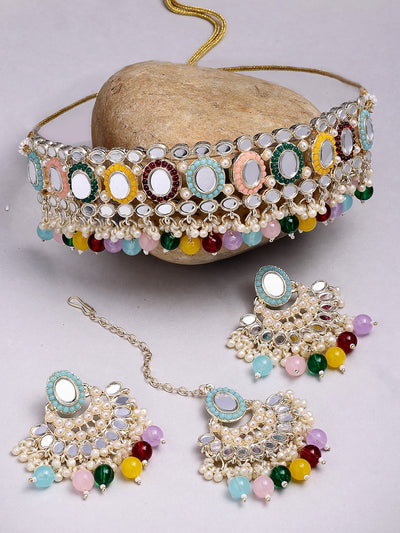 Sukkhi Excellent Gold Plated with AD Beads Choker Necklace Set Earring and Maangtikka Jewellery Set for Women|NS107528