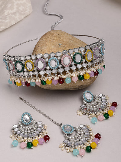 Sukkhi Fashion-Forward Gold Plated with AD Beads Choker Necklace Set Earring and Maangtikka Jewellery Set for Women|NS107529