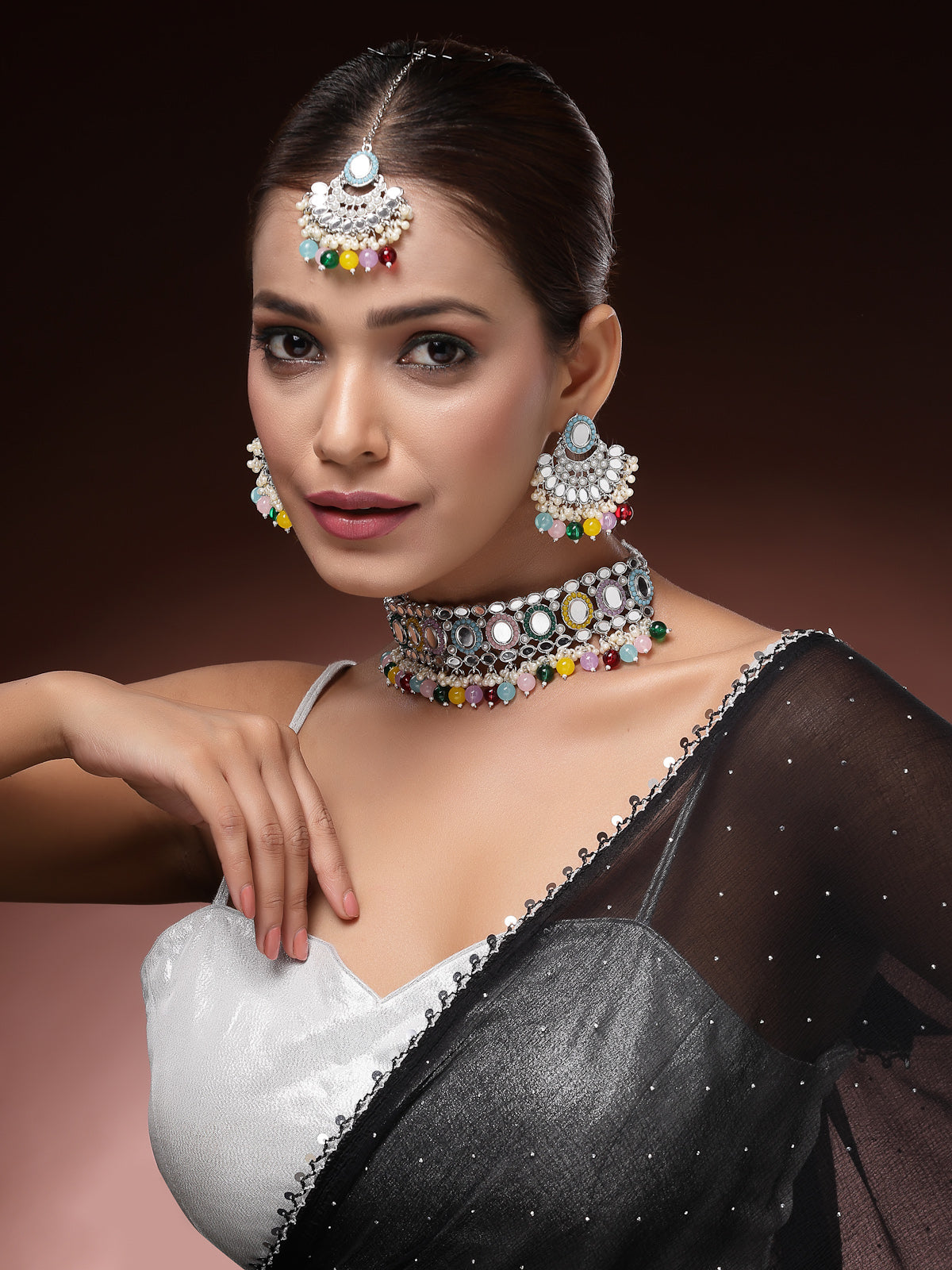 Sukkhi Fashion-Forward Gold Plated with AD Beads Choker Necklace Set Earring and Maangtikka Jewellery Set for Women|NS107529