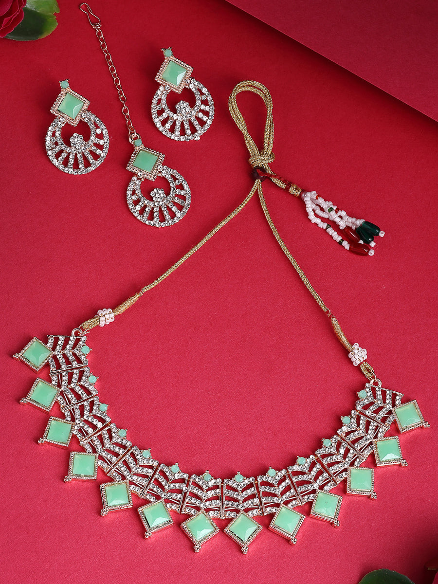 Sukkhi Trendy Rose Gold Plated AD Stones & Beads Choker Necklace Set With Earring And Maangtika | Jewellery Set For Women|NS107530