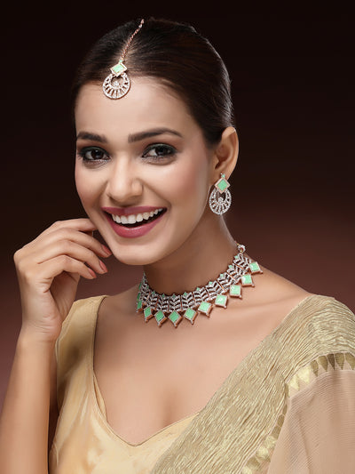 Sukkhi Trendy Rose Gold Plated AD Stones & Beads Choker Necklace Set With Earring And Maangtika | Jewellery Set For Women|NS107530