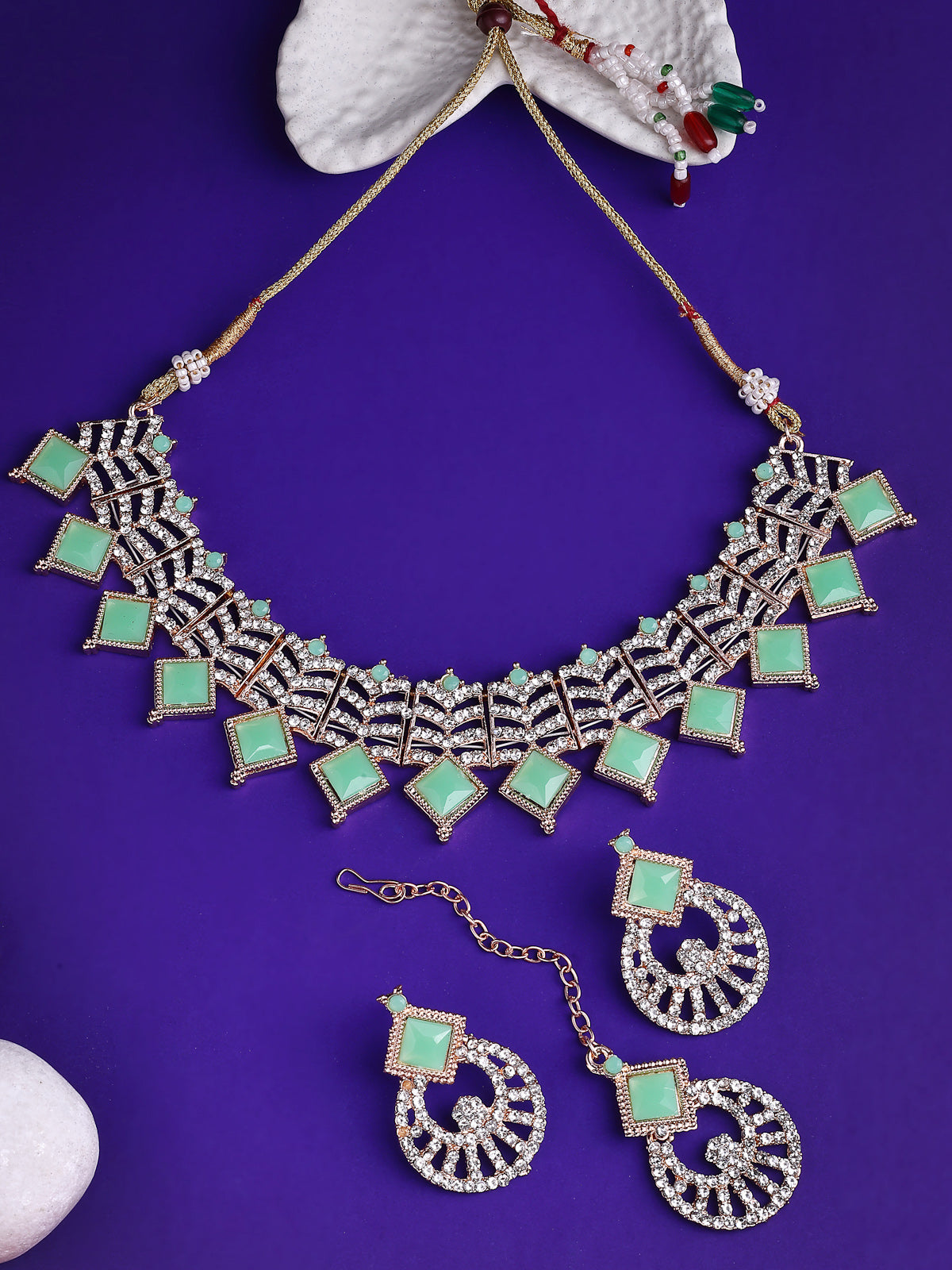 Sukkhi Trendy Rose Gold Plated AD Stones & Beads Choker Necklace Set With Earring And Maangtika | Jewellery Set For Women|NS107530