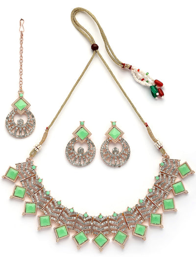 Sukkhi Trendy Rose Gold Plated AD Stones & Beads Choker Necklace Set With Earring And Maangtika | Jewellery Set For Women|NS107530