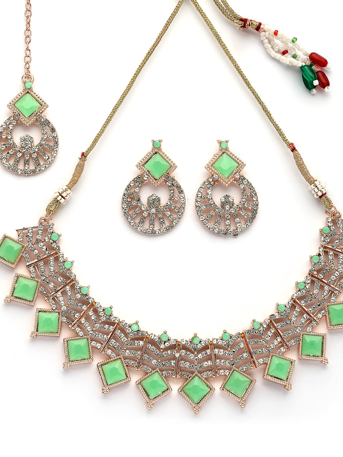 Sukkhi Trendy Rose Gold Plated AD Stones & Beads Choker Necklace Set With Earring And Maangtika | Jewellery Set For Women|NS107530