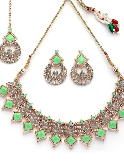 Sukkhi Trendy Rose Gold Plated AD Stones & Beads Choker Necklace Set With Earring And Maangtika | Jewellery Set For Women|NS107530