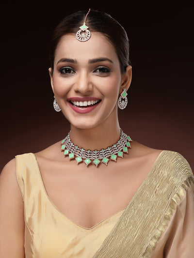 Sukkhi Trendy Rose Gold Plated AD Stones & Beads Choker Necklace Set With Earring And Maangtika | Jewellery Set For Women|NS107530