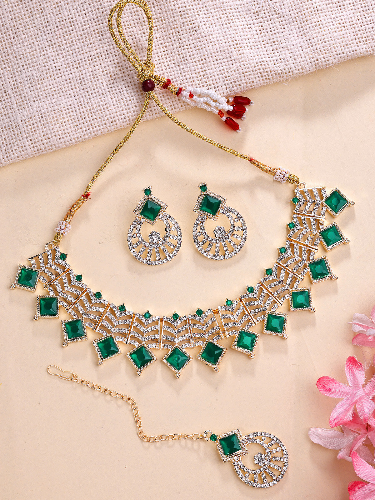 Sukkhi All-Season Gold Plated AD Stones & Beads Choker Necklace Set With Earring And Maangtika | Jewellery Set For Women|NS107531
