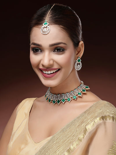 Sukkhi All-Season Gold Plated AD Stones & Beads Choker Necklace Set With Earring And Maangtika | Jewellery Set For Women|NS107531