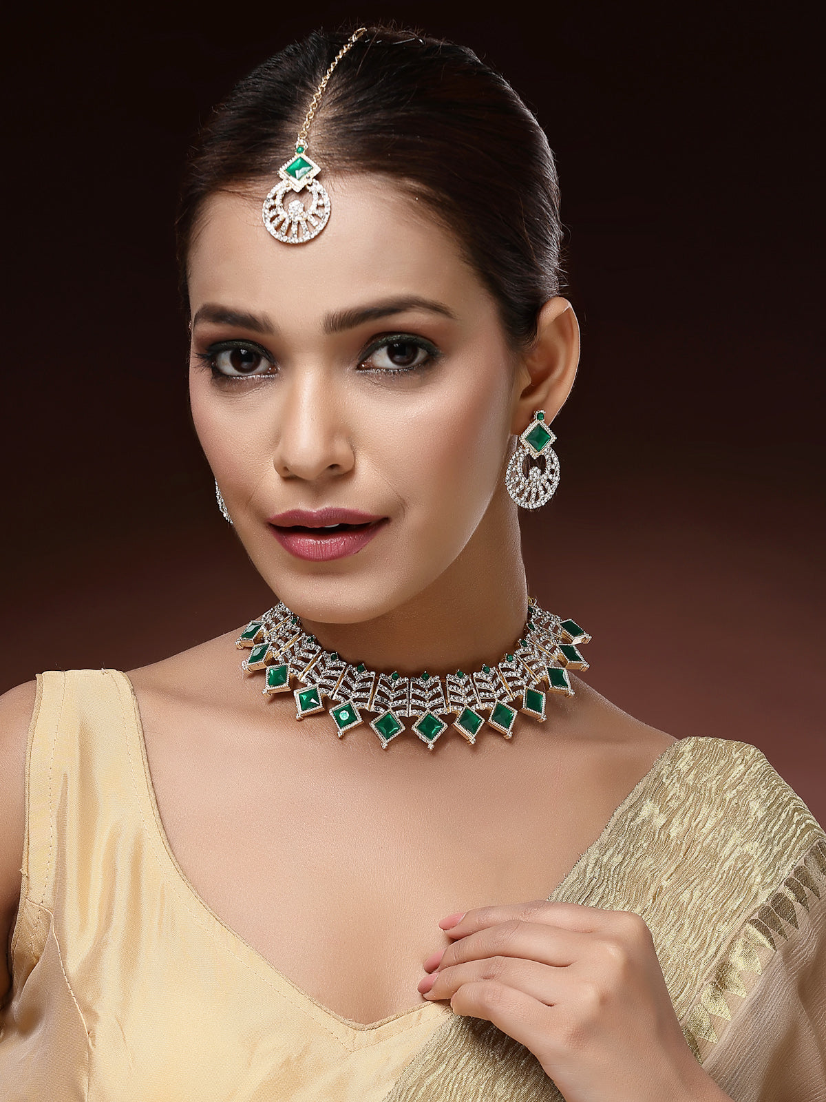 Sukkhi All-Season Gold Plated AD Stones & Beads Choker Necklace Set With Earring And Maangtika | Jewellery Set For Women|NS107531