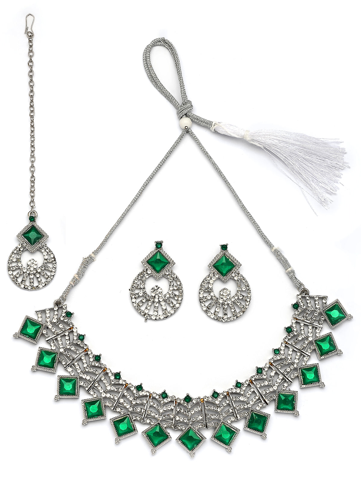 Sukkhi Ornamental Rhodium Plated AD Stones & Beads Choker Necklace Set With Earring And Maangtika | Jewellery Set For Women|NS107532