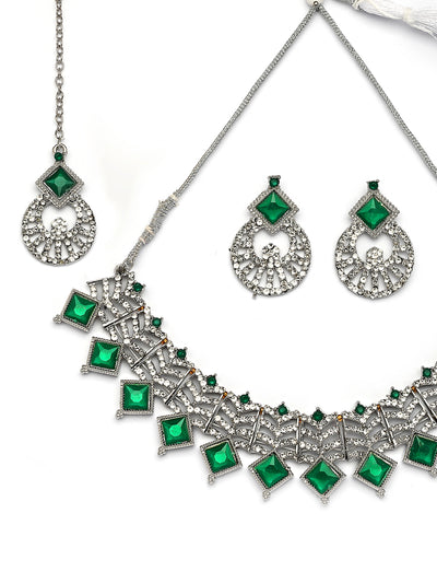 Sukkhi Ornamental Rhodium Plated AD Stones & Beads Choker Necklace Set With Earring And Maangtika | Jewellery Set For Women|NS107532