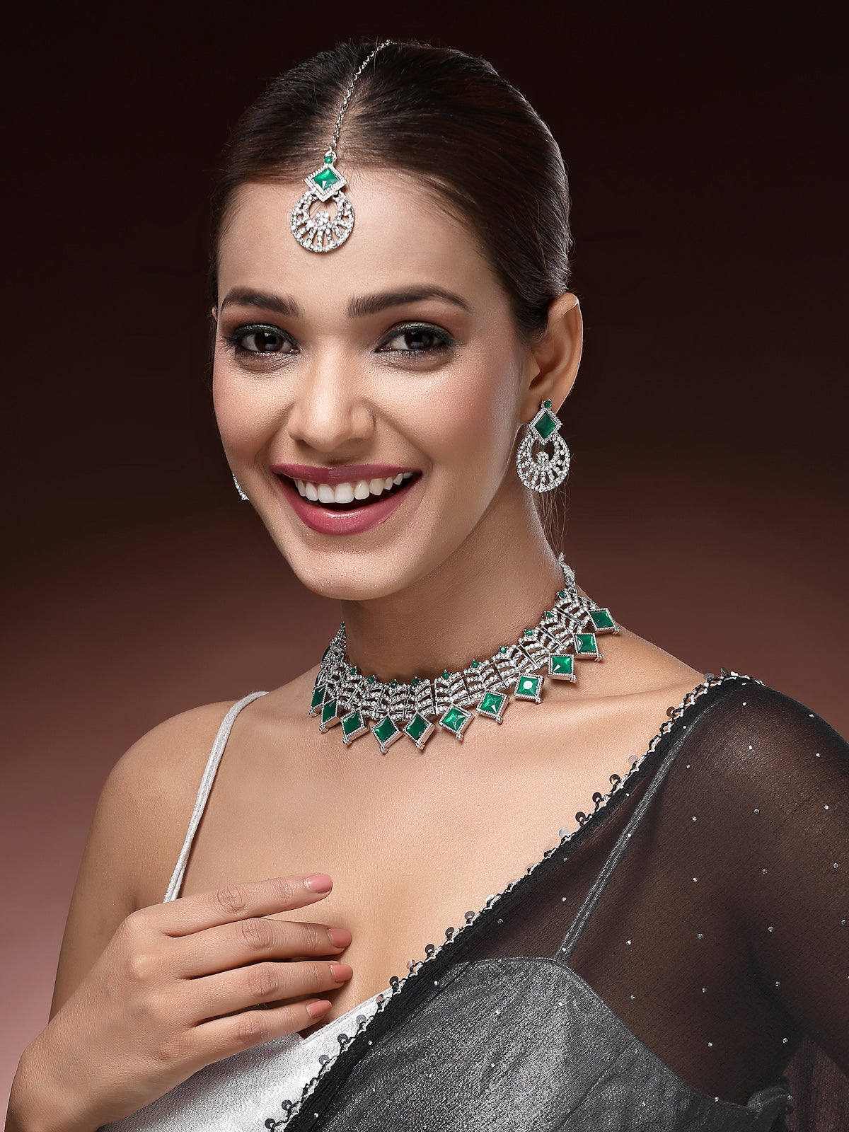 Sukkhi Ornamental Rhodium Plated AD Stones & Beads Choker Necklace Set With Earring And Maangtika | Jewellery Set For Women|NS107532