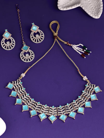 Sukkhi Modern Rose Gold Plated AD Stones & Beads Choker Necklace Set With Earring And Maangtika | Jewellery Set For Women|NS107533