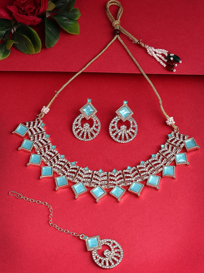 Sukkhi Modern Rose Gold Plated AD Stones & Beads Choker Necklace Set With Earring And Maangtika | Jewellery Set For Women|NS107533