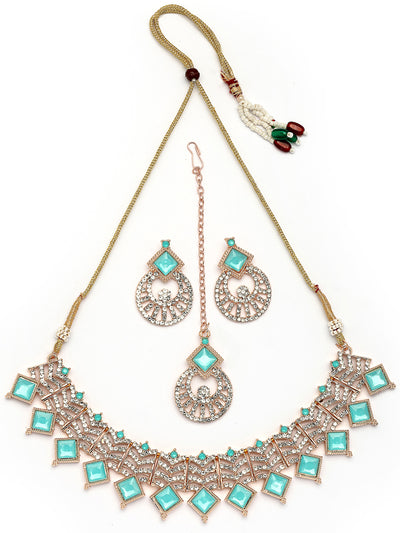 Sukkhi Modern Rose Gold Plated AD Stones & Beads Choker Necklace Set With Earring And Maangtika | Jewellery Set For Women|NS107533